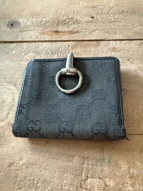Gucci Black Canvas Wallet with Silver Ring Accent